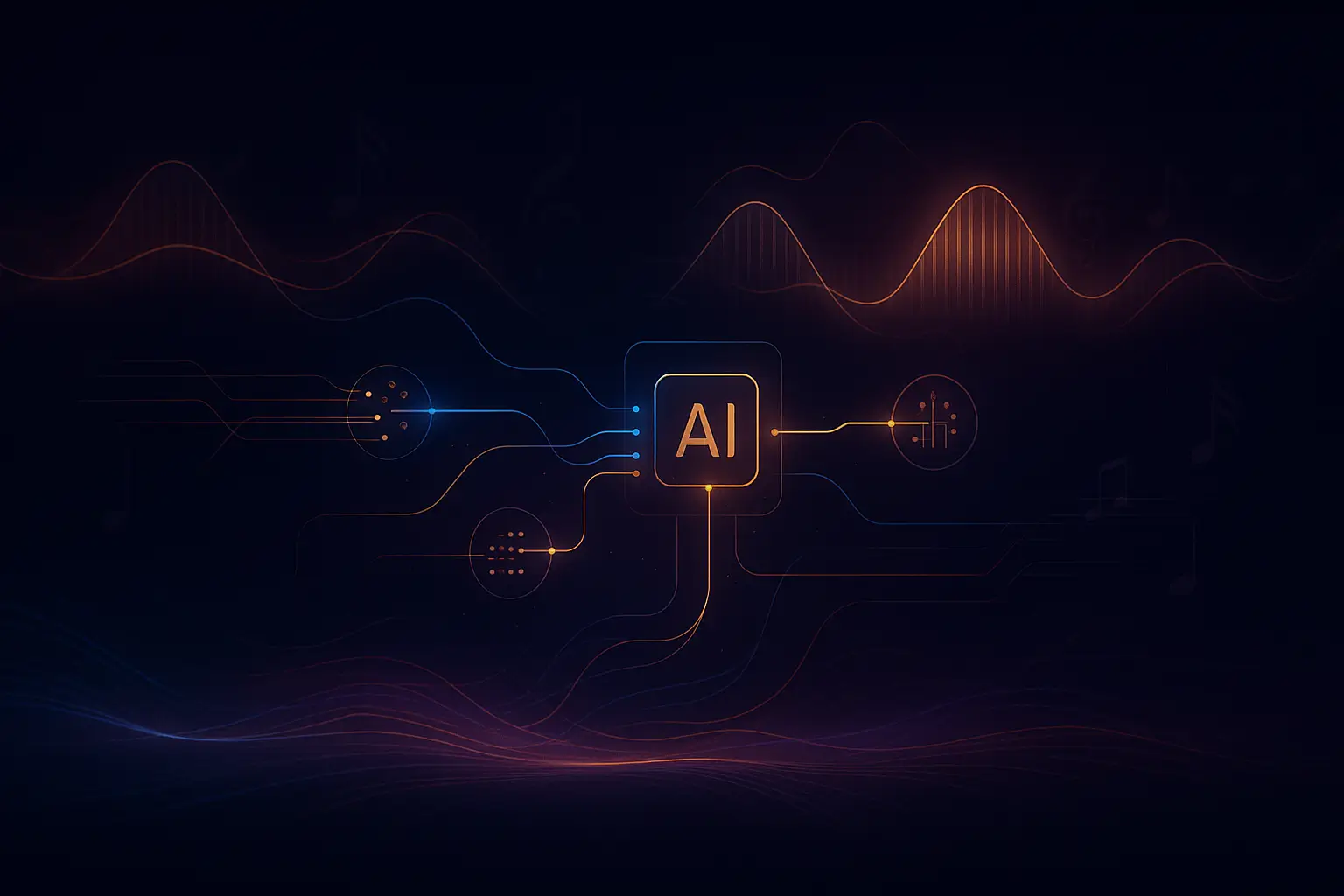 Visual representation of an AI neural network for music generation, featuring glowing data nodes, waveform patterns, and futuristic lines in a dark theme.
