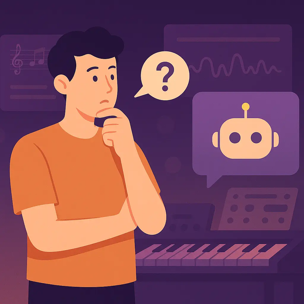 Flat-style illustration of a user asking a question to an AI assistant in a futuristic digital music studio with keyboard and interface elements.