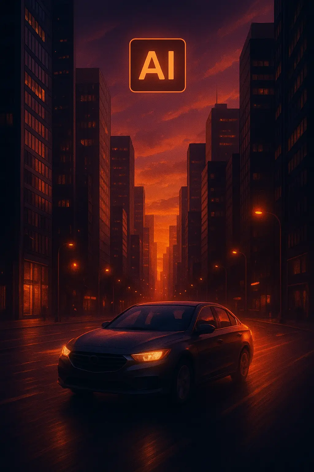 Stylized AI-generated video frame showing a car driving through a glowing cityscape at dusk with orange and purple tones