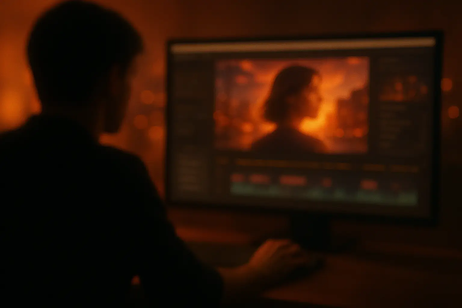 Blurred cinematic background of a content creator editing AI-generated video on a desktop with glowing interface and warm lighting