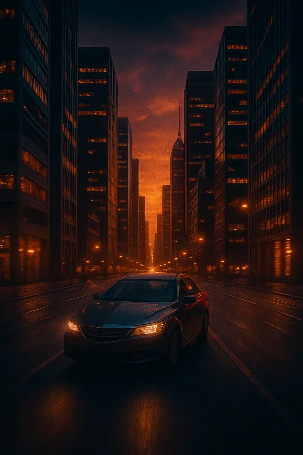 Cinematic AI-generated video frame of a car driving through a futuristic city at dusk with glowing skyline and reflections