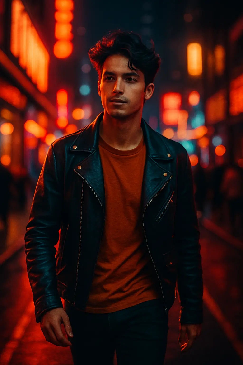 Stylized portrait of a man walking in a neon-lit street, AI-generated video frame inspired by social media aesthetics