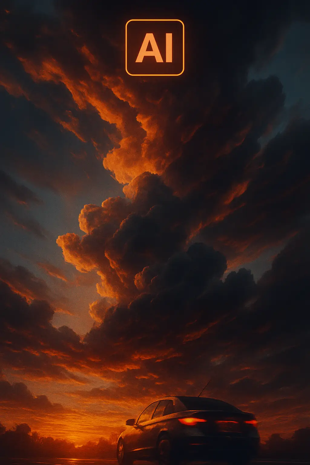 Dramatic sunset cloudscape generated by AI, resembling a time-lapse video frame with cinematic tones and vibrant colors