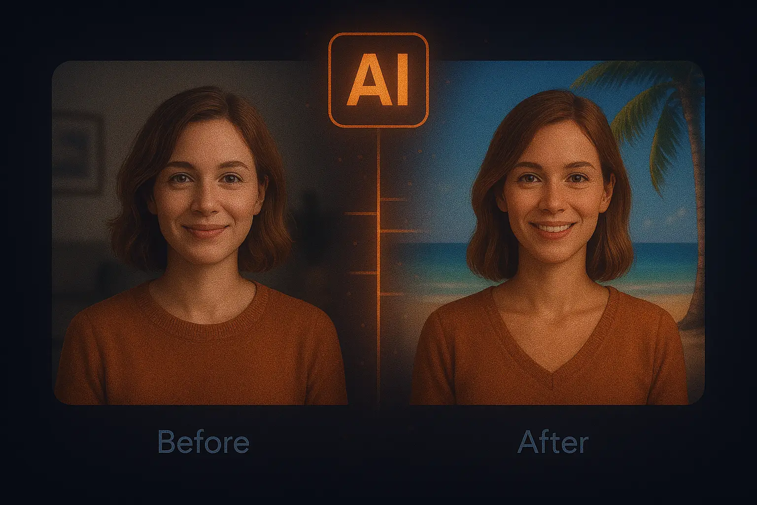Side-by-side comparison showing a portrait photo before and after AI changes the background to a tropical beach