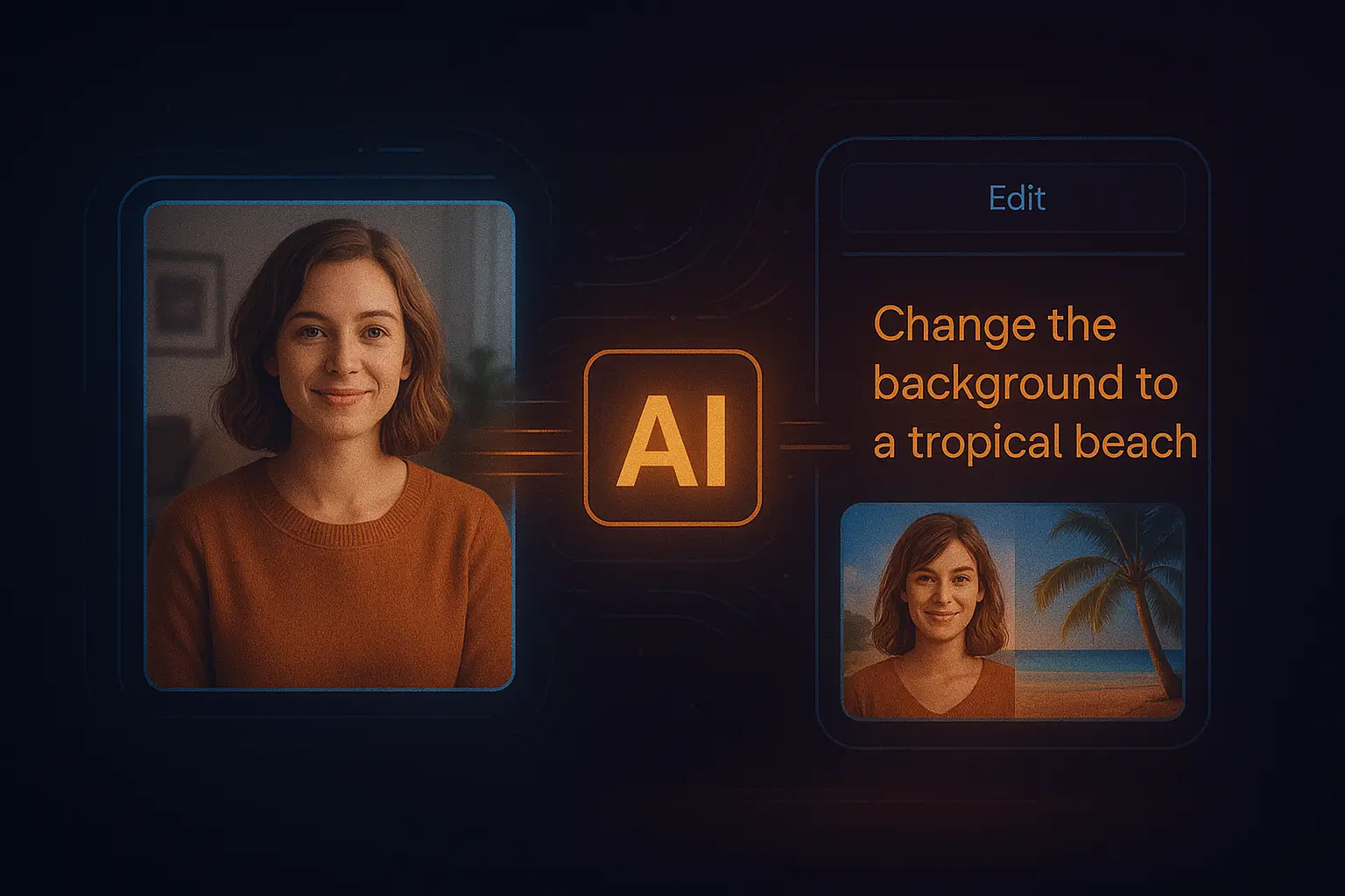 AI-powered image editing interface showing a user command to change the background to a tropical beach with before-and-after preview
