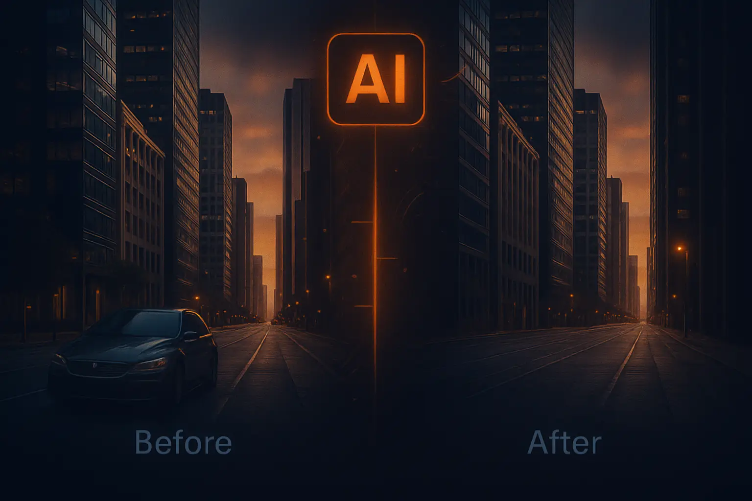 Side-by-side cityscape comparison showing AI removal of a car from the foreground for a cleaner street scene