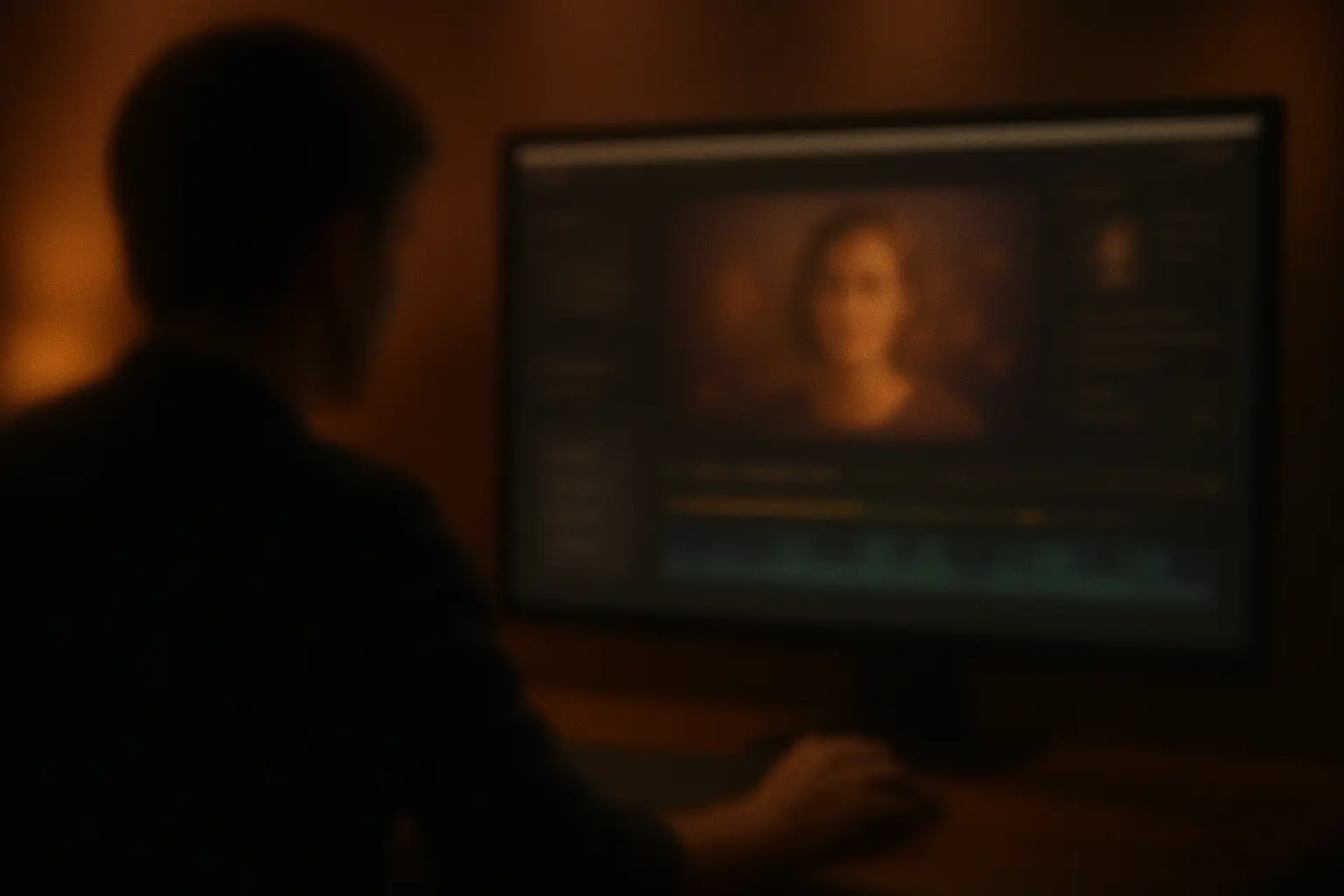Blurred background image showing a person using AI image editing tools on a desktop screen with warm cinematic lighting