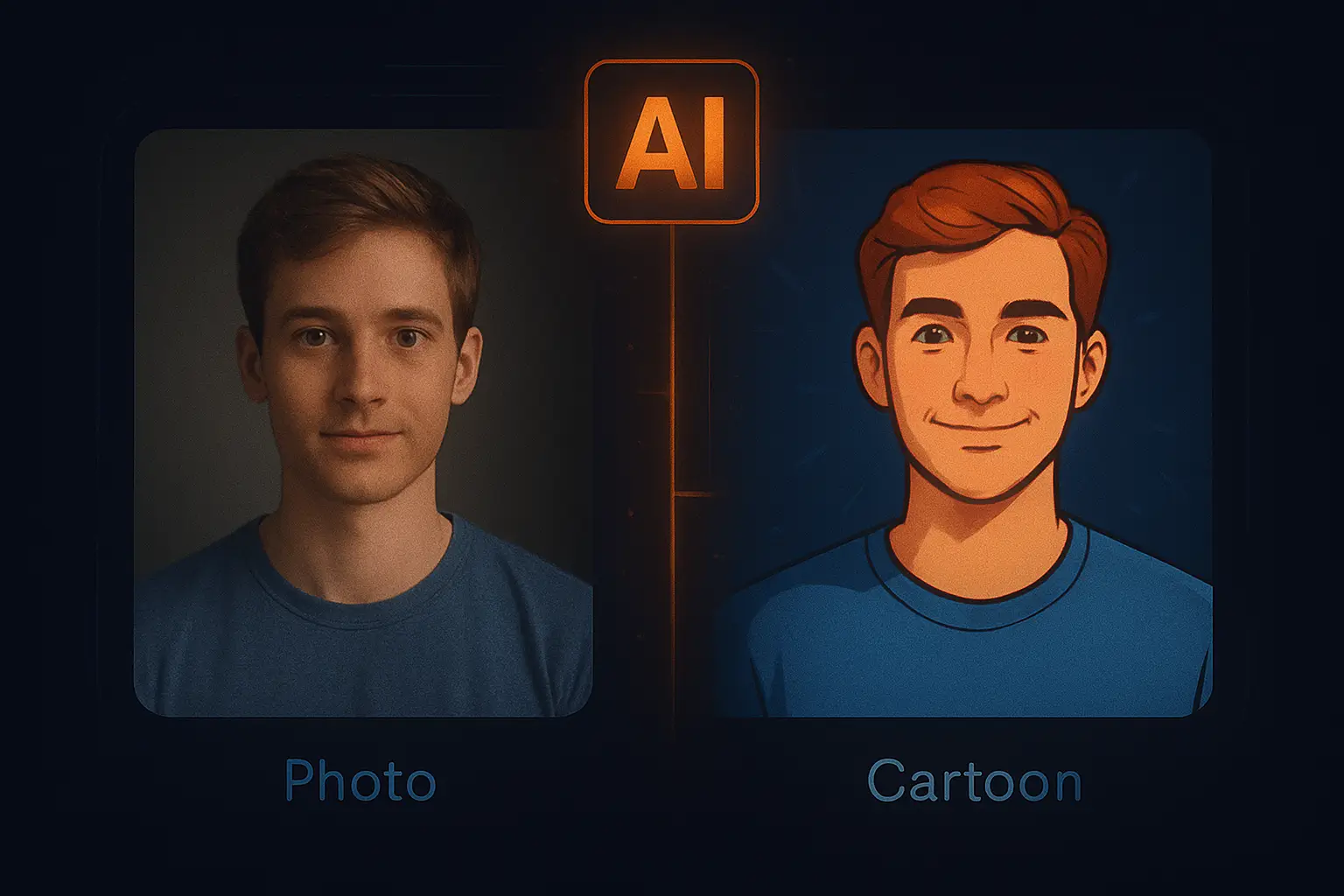 Side-by-side transformation showing a regular portrait photo and an AI-generated cartoon-style version of the same person